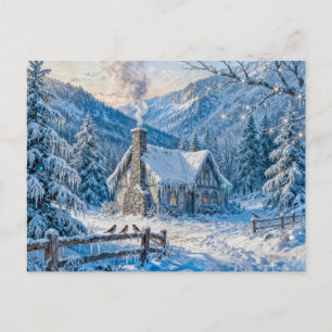 Sneeuwachtige bergcottage met rook en dennenbomen briefkaart