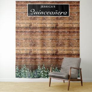 Sneeuwachtige hout- en bos Quinceañera-foto-achter Wandkleed