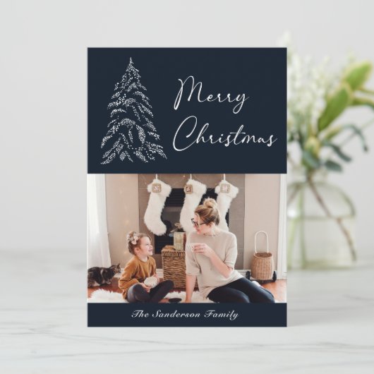 Sneeuwachtige kerstboom Foto Navy Feestdagenkaart (Staand voorkant)