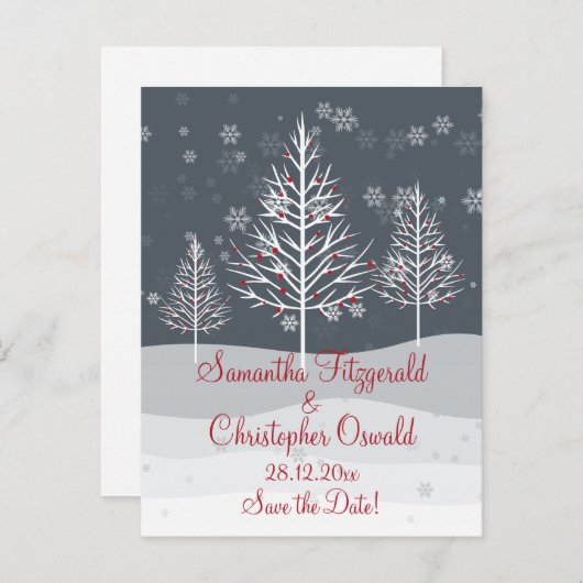 Sneeuwachtige Nacht- en Winterbomen Sparen De Datu Aankondigingskaart (Voorkant / Achterkant)
