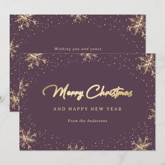 Sneeuwachtige Paarse en gouden sneeuwvlokken Feestdagenkaart (Voorkant / Achterkant)