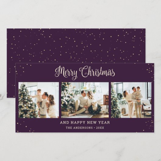 Sneeuwachtige Paarse vrolijke kerstfoto Feestdagenkaart (Voorkant / Achterkant)