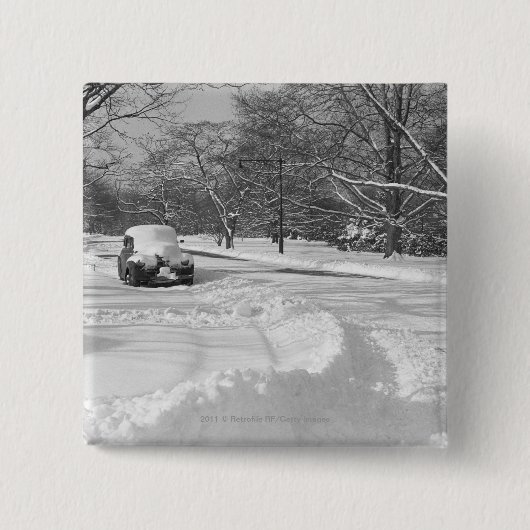 Sneeuwauto op straat B&W Vierkante Button 5,1 Cm (Voorkant)