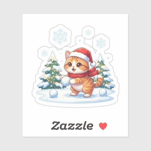 Sneeuwbal Kat Speelse Winter Wonderland Kerstmis Sticker (Vel)