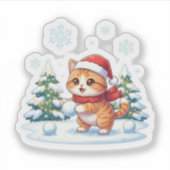 Sneeuwbal Kat Speelse Winter Wonderland Kerstmis Sticker (Voorkant)
