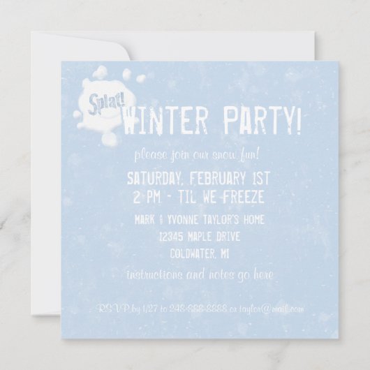 Sneeuwbal Splat. partijuitnodiging Kaart (Achterkant)