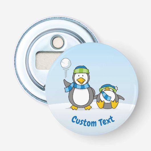 Sneeuwbalende pinguïns flesopener button flesopener (Voorkant)