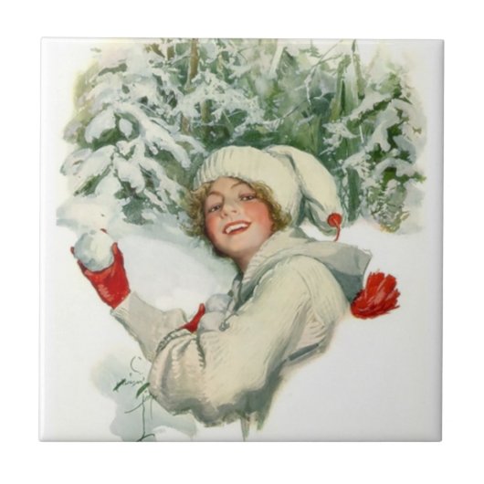 Sneeuwbalgevecht (door Harrison Fisher) Tegeltje (Voorkant)