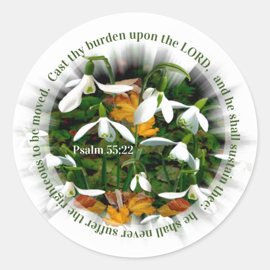 sneeuwbalken met psalm 55:22 ronde sticker (Voorkant)