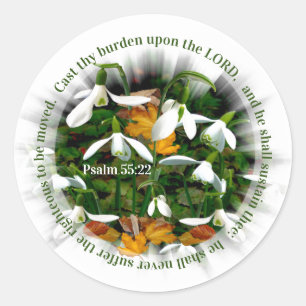  sneeuwbalken met psalm 55:22 ronde sticker