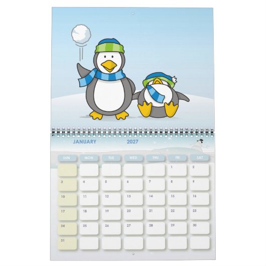 Sneeuwballende pinguïns kalender (Jan 2027)