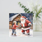 Sneeuwballengevecht met nostalgische kerstman kaart (Staand voorkant)