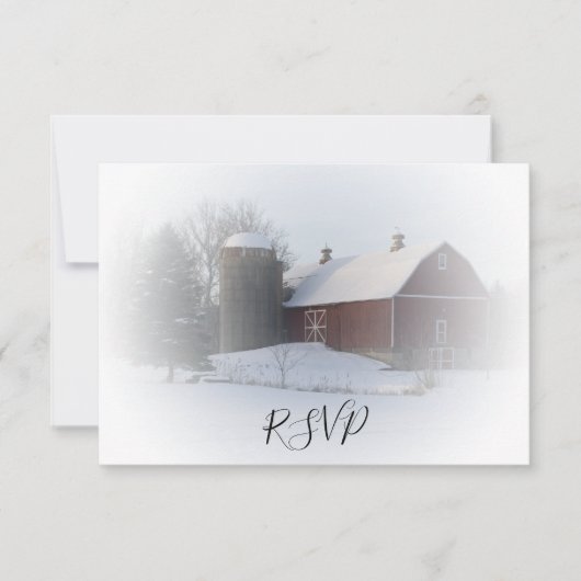 Sneeuwbedekking Barn en Silo Winter Wedding RSVP Kaartje (Voorkant)