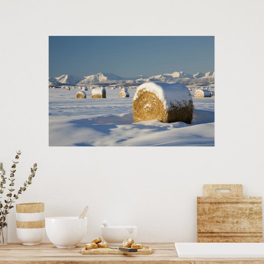 Sneeuwbedekte Hay Bales Poster (Keuken)
