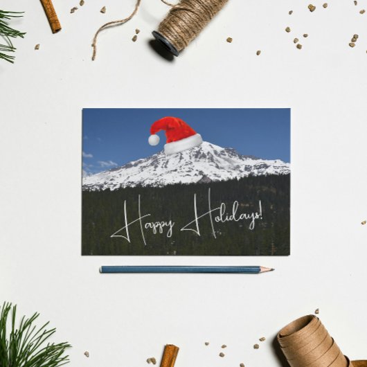Sneeuwbedekte Mount Rainier met Santa Hat Feestdagen Kaart