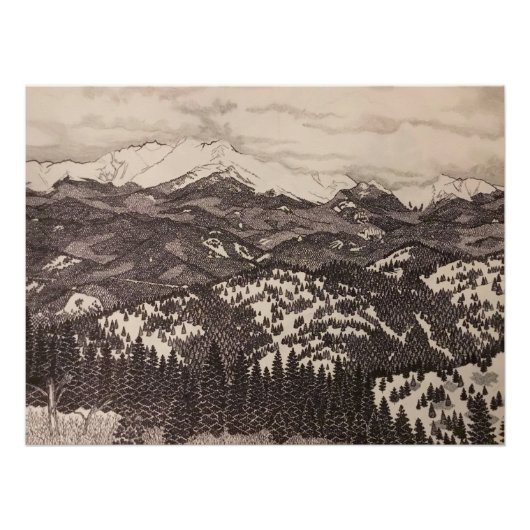 Sneeuwbedekte pieken Peak Pen/Pencil Illustratie Perfect Poster (Voorkant)