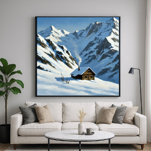 Sneeuwbergen Chalet - Schilderstijl Landschap Poster