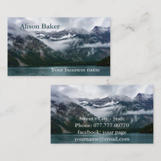 Sneeuwberggebieden in de mist bij het Plansee-meer Visitekaartje (Voorkant / Achterkant)