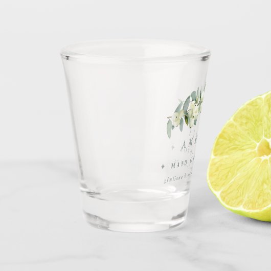 Sneeuwbes & Eucalyptus gepersonaliseerde bruiloft Shot Glas (Links)