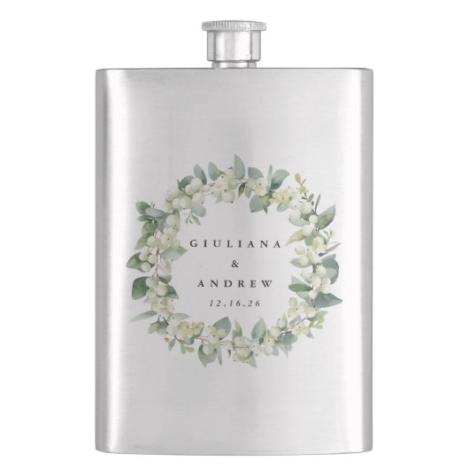 Sneeuwbes & Eucalyptus Huwelijks krans Naam Flacon (Voorkant)