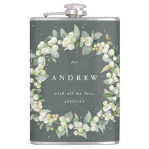 Sneeuwbes & Eucalyptus Huwelijks Krans Personalise Heupfles