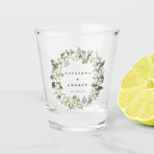 Sneeuwbes & Eucalyptus Huwelijks Krans Personalise Shot Glas (Voorkant)