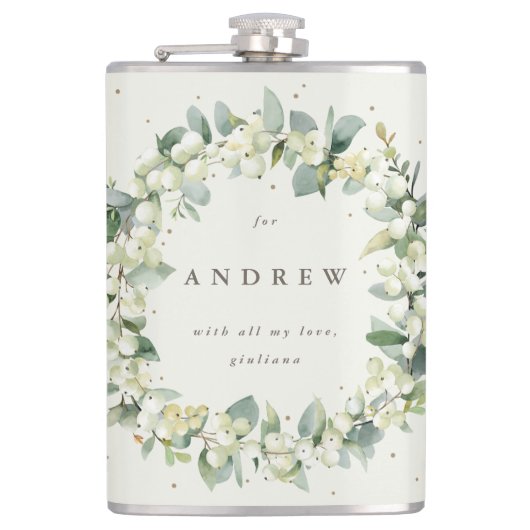 Sneeuwbes & Eucalyptus Huwelijkskrans Personalized Heupfles (Voorkant)
