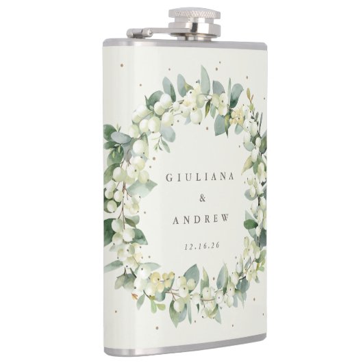 Sneeuwbes & Eucalyptus Krans Persoonlijke Trouwdag Heupfles (Rechts)