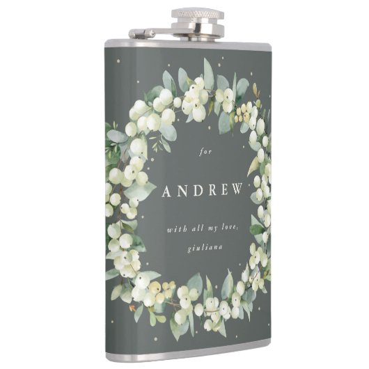 Sneeuwbes & Eucalyptus Krans Persoonlijke Trouwdag Heupfles (Rechts)