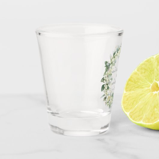 Sneeuwbes & Eucalyptus Krans Persoonlijke Trouwdag Shot Glas (Links)