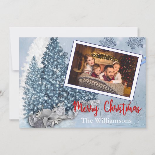 Sneeuwblauw kerstbomen met foto's van kant feestdagenkaart (Voorkant)
