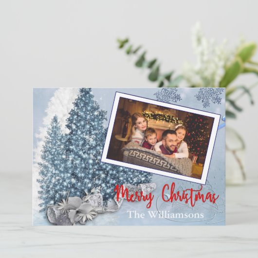 Sneeuwblauw kerstbomen met foto's van kant feestdagenkaart (Staand voorkant)