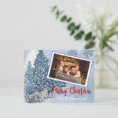 Sneeuwblauw kerstbomen met fotovakantie met gezich briefkaart (Staand voorkant)