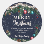 Sneeuwblauw kerstlicht ronde sticker (Voorkant)