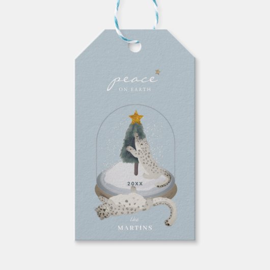 Sneeuwblauw Wereldbol Lichte Vakantie Cadeaulabel (Voorkant)