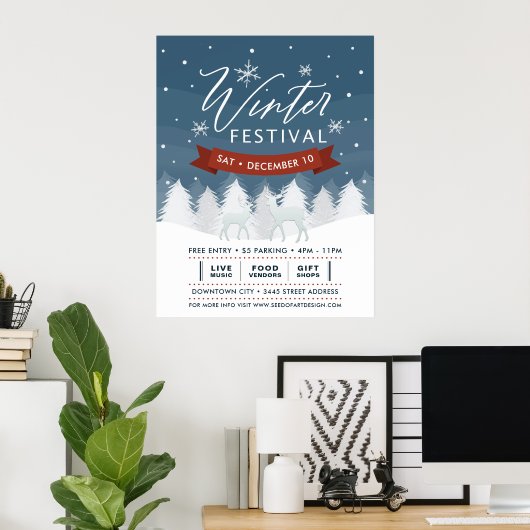 Sneeuwblauw Winter Festival Bomen & Herten Event Poster (Thuiskantoor)