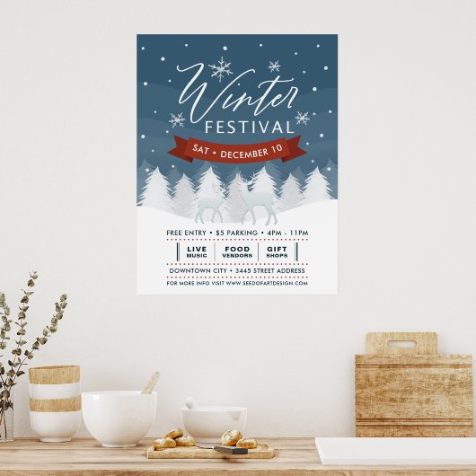 Sneeuwblauw Winter Festival Bomen & Herten Event Poster (Keuken)