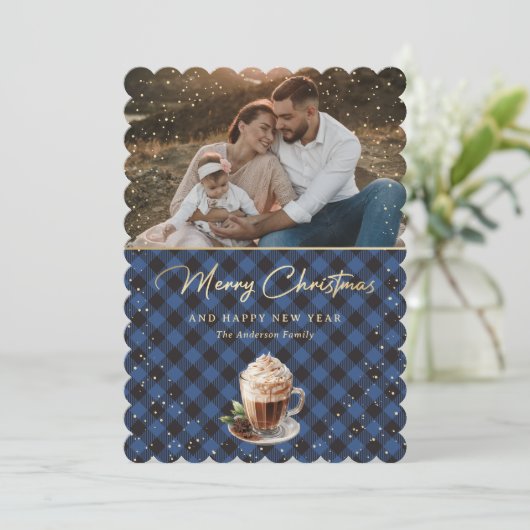 Sneeuwblauwe Goud Buffalo Plaid Foto Kerstmis Feestdagenkaart (Staand voorkant)