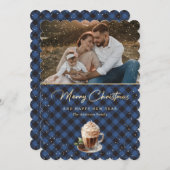 Sneeuwblauwe Goud Buffalo Plaid Foto Kerstmis Feestdagenkaart (Voorkant / Achterkant)