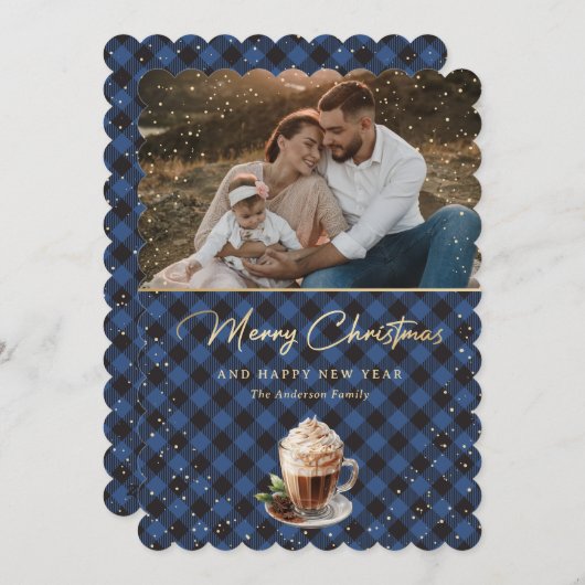 Sneeuwblauwe Goud Buffalo Plaid Foto Kerstmis Feestdagenkaart (Voorkant / Achterkant)