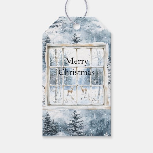 Sneeuwblauwe kerstbomen Hertenvenster Cadeaulabel (Voorkant)
