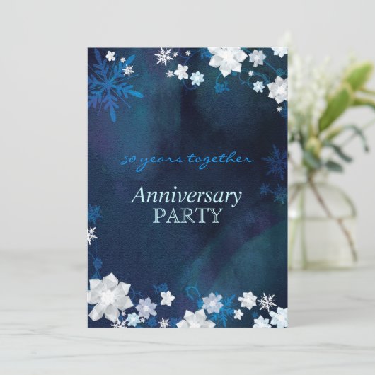 Sneeuwbloemen Blauw Winter Huwelijk Jubileum Kaart (Staand voorkant)
