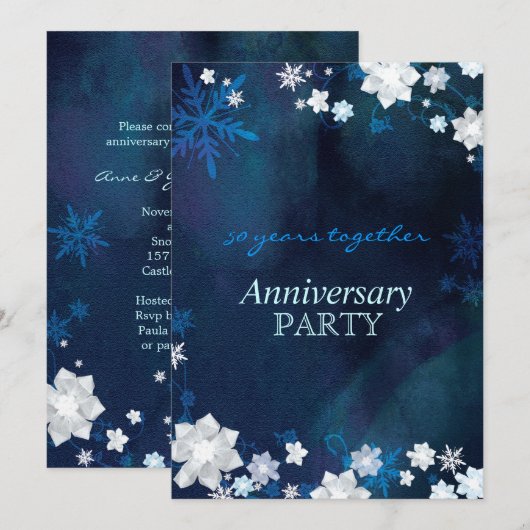 Sneeuwbloemen Blauw Winter Huwelijk Jubileum Kaart (Voorkant / Achterkant)