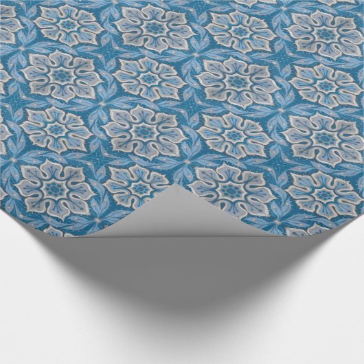 Sneeuwbloemen,  bohemisch design blauw & grijs cadeaupapier (Hoek)