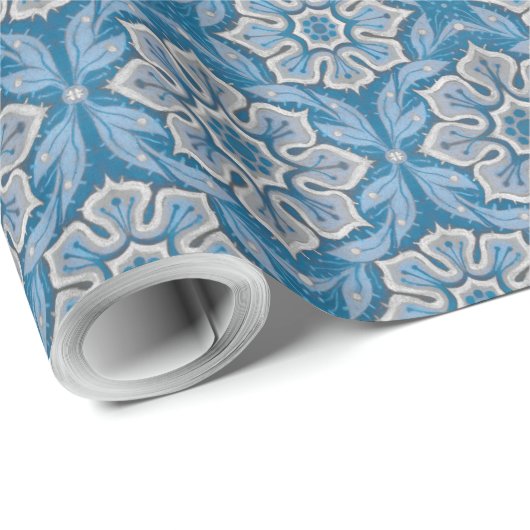 Sneeuwbloemen,  bohemisch design blauw & grijs cadeaupapier (Rol Hoek)