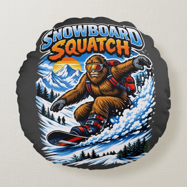 Sneeuwboard Squatch – Grappige Bigfoot-sneeuwboard Rond Kussen (Voorkant)