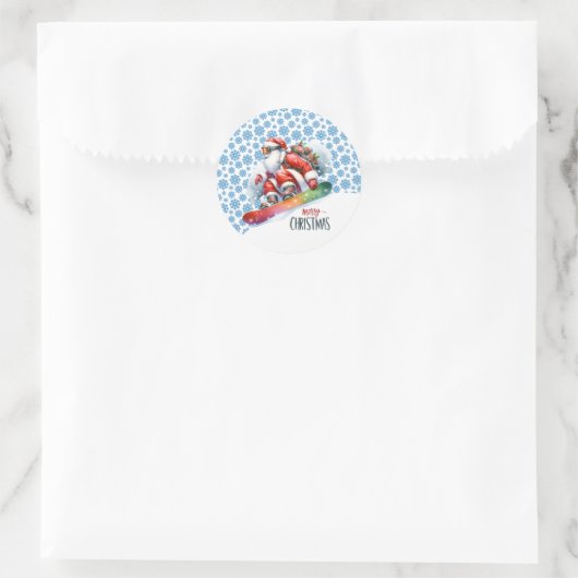 Sneeuwboardende Kerstman Ronde Sticker (Tas)
