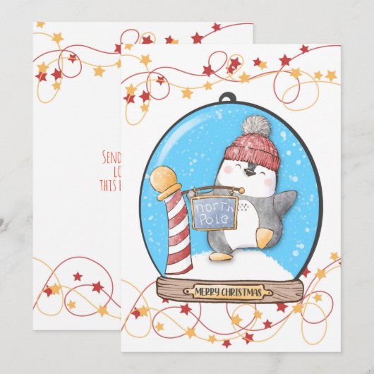 Sneeuwbol Kerst Pinguïn Kaart (Voorkant / Achterkant)
