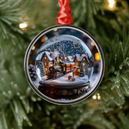 Sneeuwbol met antieke trein en dorp metalen ornament