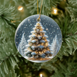 Sneeuwbol met kerstboom in de sneeuw keramisch ornament